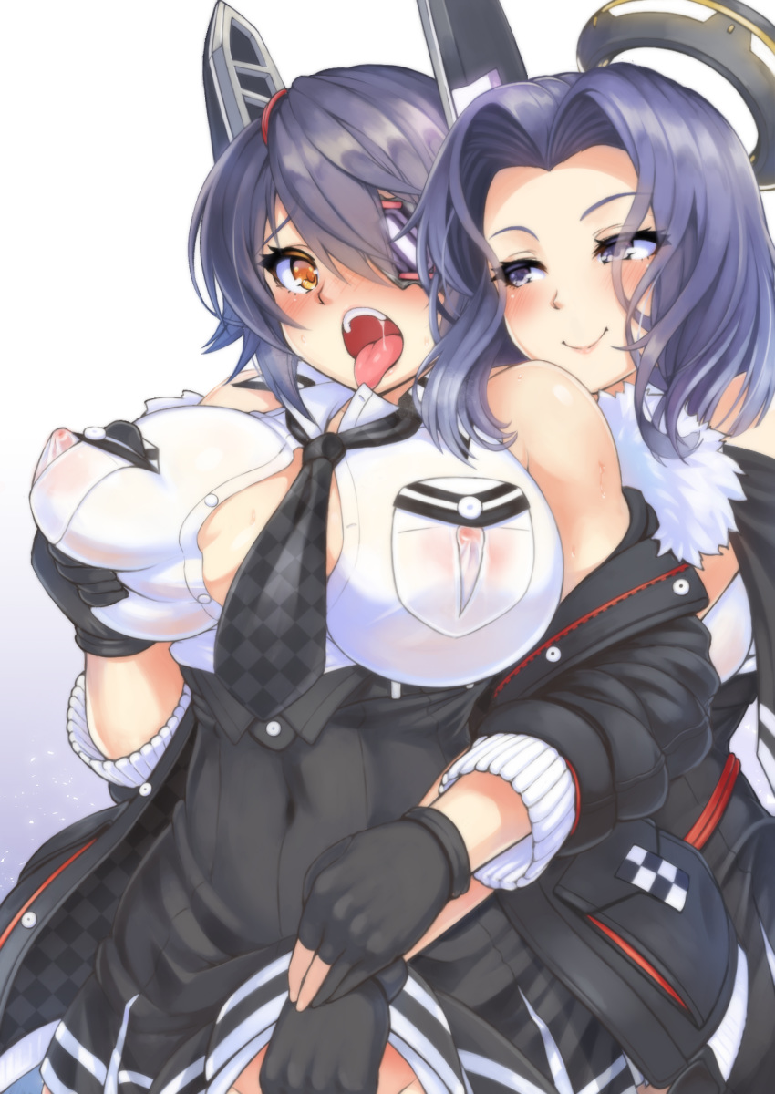 black_gloves blush breast_grab breasts checkered checkered_neckwear chikan coat commentary_request covered_navel covered_nipples eyebrows_visible_through_hair eyepatch gloves grabbing hair_between_eyes headgear high-waist_skirt highres kantai_collection large_breasts long_hair looking_at_another looking_at_viewer mechanical_halo multiple_girls necktie open_mouth partly_fingerless_gloves pokke_(pokke-chan) purple_eyes purple_hair shirt short_hair skirt sleeveless sleeveless_shirt smile tatsuta_(kantai_collection) tenryuu_(kantai_collection) tongue white_shirt winter_clothes winter_coat yellow_eyes yuri