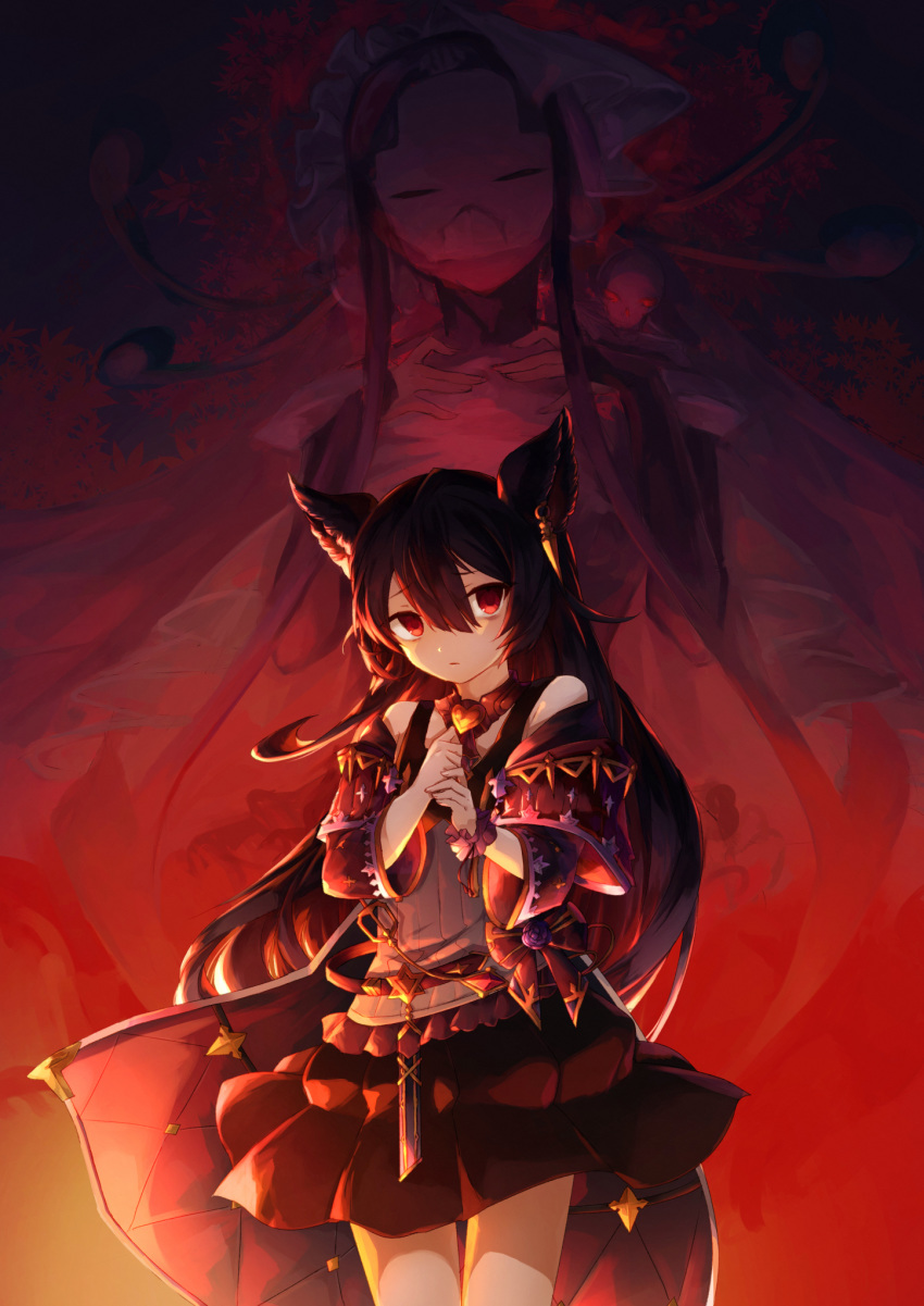 bags_under_eyes black_hair commentary_request death_(granblue_fantasy) earrings erune expressionless eyebrows_visible_through_hair flower frills granblue_fantasy hands_on_own_chest heart highres jacket jewelry long_hair red_eyes ribbon shirt skirt skull sleeveless sleeveless_shirt tank_top zarame0830