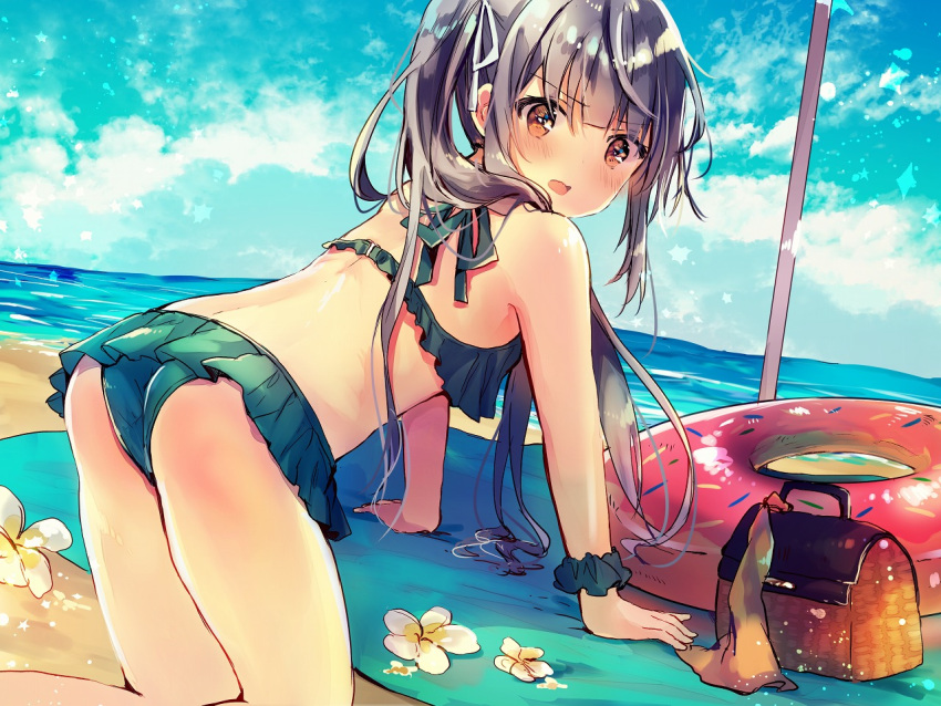 all_fours armband ass back bag bangs beach bikini blue_bikini blue_sky blush brown_eyes cloud commentary_request day eyebrows_visible_through_hair flower frilled_bikini frills grey_hair hair_between_eyes hair_ornament hair_ribbon innertube kantai_collection kasumi_(kantai_collection) kneeling long_hair looking_at_viewer nanahamu ocean open_mouth outdoors ribbon sand scrunchie side_ponytail sky solo swimsuit thighs water white_ribbon wrist_scrunchie