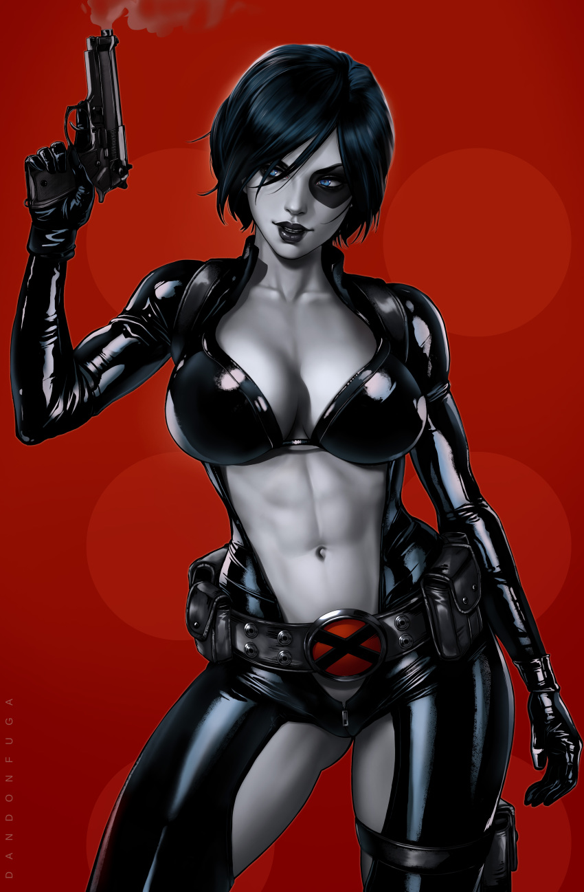 1girl abs absurdres arm_up artist_name belt bikini bikini_top black_bikini black_bikini_top black_clothes black_hair black_lips blue_eyes breasts center_opening cleavage clenched_teeth cowboy_shot dandon_fuga domino_(marvel) gradient gradient_background grey_skin groin gun handgun highres holding holding_gun holding_weapon holster large_breasts latex latex_suit legs legs_apart lips lipstick looking_at_viewer makeup marvel navel open_clothes parted_lips red_background shiny shiny_clothes short_hair simple_background smoke smoking_gun solo standing swimsuit teeth thigh_holster thighs toned unzipped weapon zipper