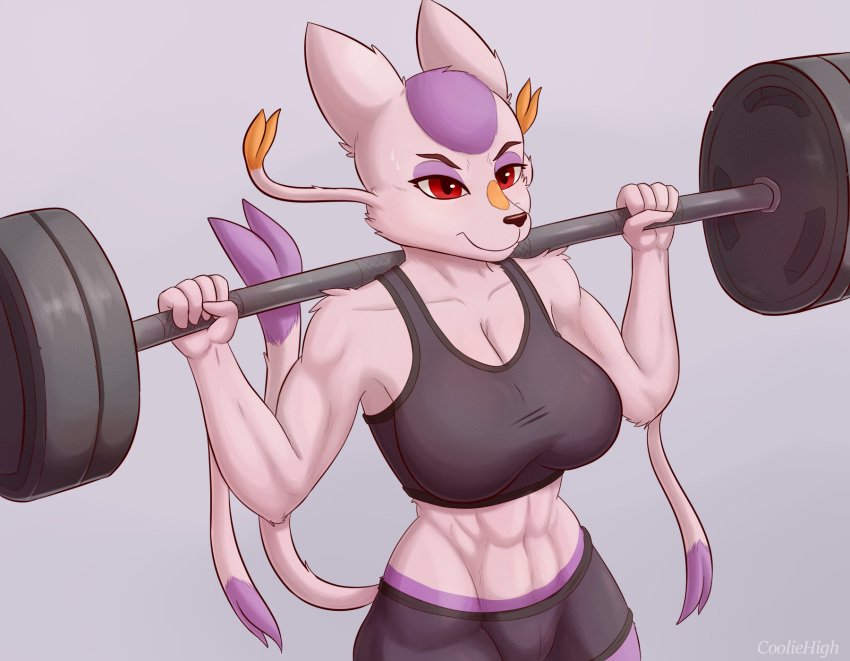 abs anthro clothed clothing cooliehigh exercise female fur half-closed_eyes mammal mienshao muscular muscular_female mustelid nintendo pok&eacute;mon pok&eacute;mon_(species) red_eyes solo video_games weights workout