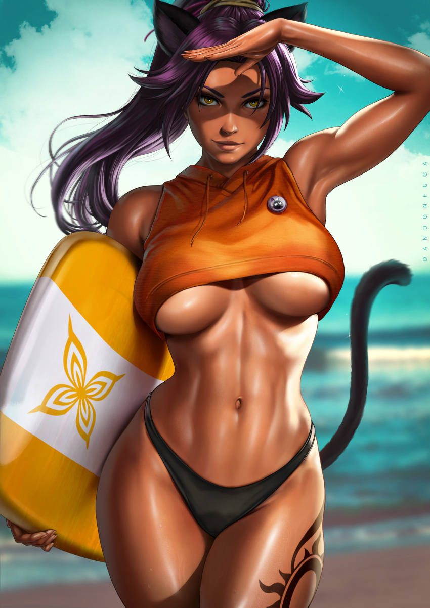 1girl absurdres alternate_costume animal_ears arm_up armpits artist_name bare_hips bare_legs bare_shoulders beach belly bikini_bottom black_bikini_bottom bleach breasts breasts_apart cat_ears cat_tail closed_mouth clouds cowboy_shot dandon_fuga dark_skin floating_hair groin high_ponytail highres holding kemonomimi_mode kickboard large_breasts legs legs_together long_hair looking_at_viewer navel ocean outdoors ponytail purple_hair sand shihouin_yoruichi shiny shiny_skin sky sleeveless slender_waist smile solo standing tail tattoo thick_thighs thighs thong tied_hair toned underboob water wide_hips wind yellow_eyes