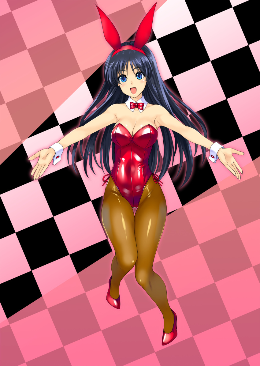 animal_ears bow bowtie breasts bunny_ears bunny_girl bunny_tail bunnysuit checkered checkered_background cleavage commentary_request detached_collar full_body highleg highleg_leotard highres kamia_(not_found) knees_together_feet_apart leotard long_hair looking_at_viewer medium_breasts open_mouth orange_legwear original outstretched_arms pantyhose red_leotard red_neckwear side-tie_leotard smile solo strapless strapless_leotard tail thigh_gap wing_collar wrist_cuffs