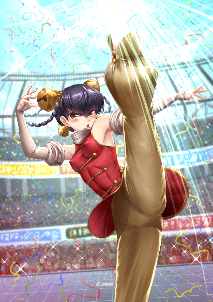 adsouto armpits artist_name axe_kick bangs banner bare_shoulders bell bell_earrings black_hair blue_sky blush braid breasts brown_eyes brown_pants camera_flash china_dress chinese_clothes cloud commentary confetti crowd day detached_sleeves dress earrings english_commentary fighting_stance glint hair_bell hair_ornament high_kick highres jewelry kicking leg_lift leg_up legs light_rays lin_lin_(one-punch_man) lipstick makeup one-punch_man open_mouth outdoors pants red_dress scarf sky solo split stadium standing standing_on_one_leg standing_split sun sunlight twin_braids white_neckwear
