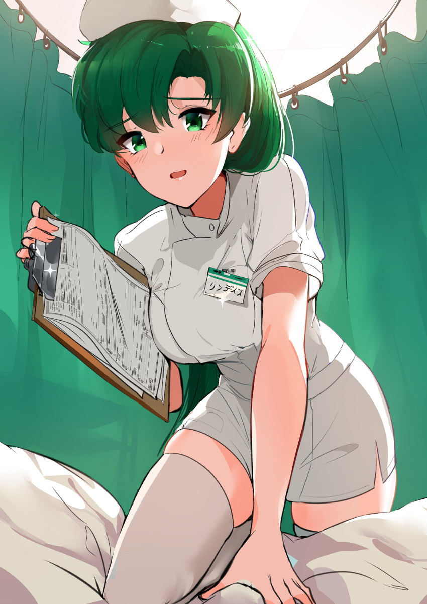 bangs blush breasts clipboard commentary_request curtains eyebrows_visible_through_hair fire_emblem fire_emblem:_rekka_no_ken green_eyes green_hair hat highres hips large_breasts long_hair long_legs looking_at_viewer lyndis_(fire_emblem) name_tag nurse nurse_cap open_mouth ormille solo thighhighs thighs white_legwear zettai_ryouiki