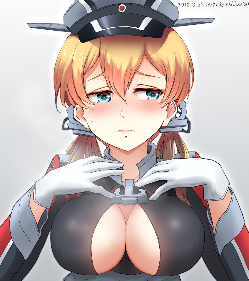 anchor_hair_ornament aqua_eyes artist_name blonde_hair blush breasts closed_mouth commentary_request dated eyebrows_visible_through_hair gloves gradient gradient_background grey_background hair_between_eyes hair_ornament hat highres kantai_collection large_breasts long_hair long_sleeves military military_hat military_uniform nuka_(nvkka) peaked_cap prinz_eugen_(kantai_collection) simple_background solo twintails uniform wavy_mouth white_gloves
