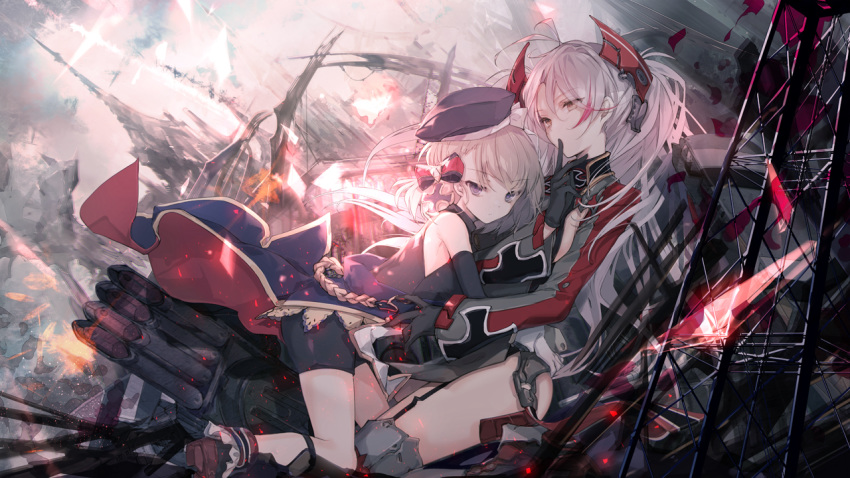 antenna_hair azur_lane bangs bare_shoulders beret blonde_hair blue_eyes boots bow breasts cannon cierra_(ra-bit) commentary_request covered_mouth eyebrows_visible_through_hair finger_to_mouth garter_straps gloves hair_between_eyes hair_ornament hat headgear hug iron_cross large_breasts light_particles long_hair looking_at_viewer machinery medium_breasts multicolored_hair multiple_girls official_art outdoors prinz_eugen_(azur_lane) red_hair ribbon rigging short_hair shorts sidelocks silver_hair sitting smile streaked_hair thighs torpedo_launcher turret two_side_up very_long_hair wide_sleeves z23_(azur_lane)