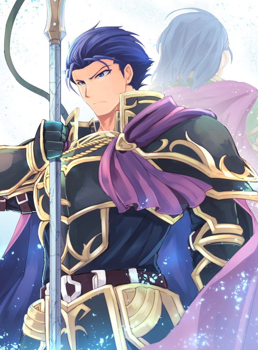 armor belt blue_eyes blue_hair boots cape fire_emblem fire_emblem:_rekka_no_ken fire_emblem_heroes gloves hector_(fire_emblem) highres holding holding_spear holding_weapon looking_at_viewer male_focus nakabayashi_zun polearm simple_background spear uther_(fire_emblem) weapon