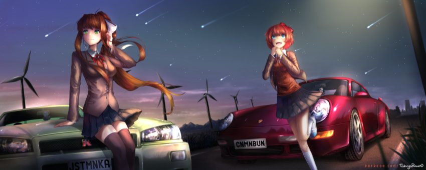 87 :d black_legwear blue_eyes blue_skirt brown_hair car commentary doki_doki_literature_club english_commentary evening falling_star green_eyes grey_jacket ground_vehicle highres jacket kneehighs long_hair long_sleeves looking_away monika_(doki_doki_literature_club) motor_vehicle multiple_girls nissan nissan_skyline open_clothes open_jacket open_mouth orange_vest outdoors pleated_skirt ponytail porsche porsche_911 sayori_(doki_doki_literature_club) school_uniform short_hair skirt sky smile star_(sky) starry_sky takuyarawr thighhighs white_legwear wind_turbine windmill