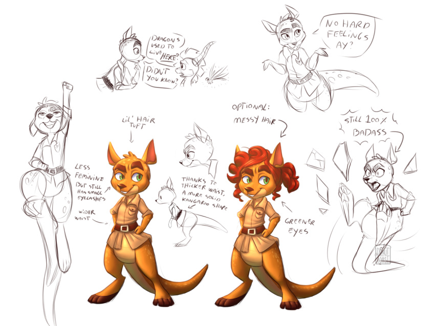 2018 alt angry anthro arthropod belt bottomless clothed clothing concept_art didgitgrade donut-toast dragon dragonfly eyelashes female green_eyes hair horn insect jumping kangaroo kick mammal marsupial paws pouch red_hair sheila_(spyro) simple_background sketch smile spyro spyro_the_dragon video_games white_background wings