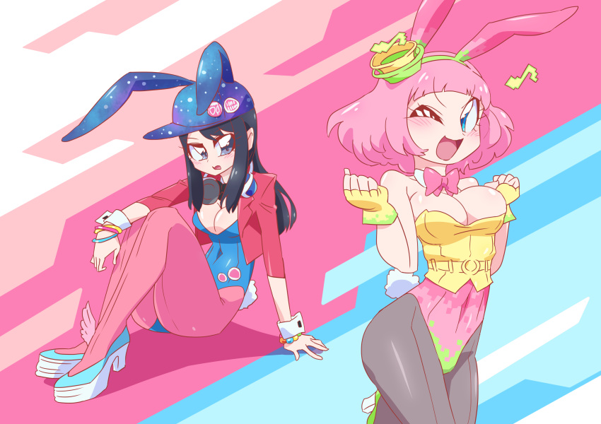 animal_ears baseball_cap black_hair blue_eyes blue_leotard blush breasts bunny_girl bunny_tail bunnysuit cleavage commentary_request covered_navel fake_animal_ears fingerless_gloves gloves hat highres jacket kamen_rider kamen_rider_ex-aid_(series) large_breasts leotard looking_at_viewer medium_breasts musical_note one_eye_closed open_mouth otokamu pantyhose pink_eyes pink_hair poppi_pipopapo saiba_niko shiny shiny_hair shiny_skin shoes short_hair smile strapless strapless_leotard tail wrist_cuffs