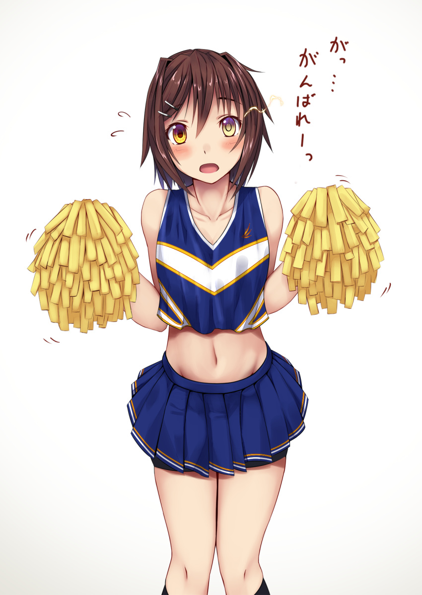 black_legwear blue_skirt blush breasts brown_hair cheerleader collarbone commentary_request eyebrows_visible_through_hair furutaka_(kantai_collection) glowing glowing_eye gradient gradient_background groin hair_between_eyes hair_ornament hairclip highres kantai_collection looking_at_viewer miniskirt navel noronosuke open_mouth pom_poms shirt short_hair skirt small_breasts solo translated yellow_eyes