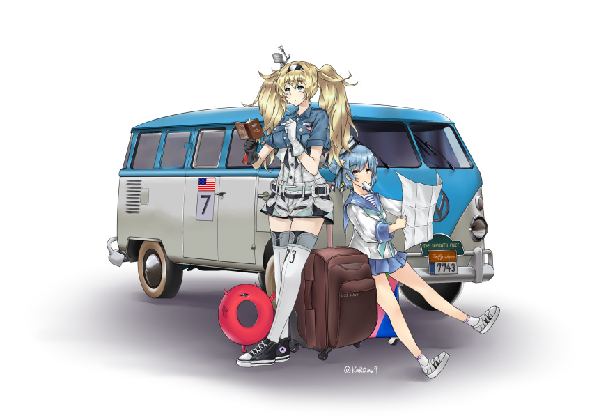 american_flag aqua_neckwear aqua_skirt belt black_footwear black_ribbon blonde_hair blue_eyes blue_hair blue_sailor_collar blue_shirt book breast_pocket breasts collared_shirt dixie_cup_hat double_bun enemy_lifebuoy_(kantai_collection) food full_body gambier_bay_(kantai_collection) gloves ground_vehicle hairband hat hat_ribbon highres kantai_collection kuroinu9 large_breasts license_plate long_sleeves luggage map_(object) military_hat miniskirt motor_vehicle mouth_hold multicolored multiple_girls neckerchief pleated_skirt pocket popsicle ribbon sailor_collar samuel_b._roberts_(kantai_collection) school_uniform serafuku shirt shoes short_hair shorts simple_background skirt sleeve_cuffs sneakers thighhighs twintails twitter_username van volkswagen volkswagen_type_2 white_background white_footwear white_hat white_legwear white_shirt yellow_eyes