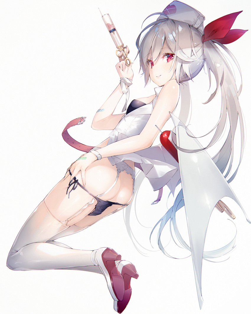 ass azur_lane bandaid bandaid_on_hand bare_shoulders belt black_bra black_panties bow bra breasts from_behind garter_straps grey_background hair_bow hat heart high_heels highres looking_at_viewer looking_back low_wings nurse_cap panties panty_pull red_bow red_eyes small_breasts smile solo syringe thighhighs twintails underwear vampire_(azur_lane) white_footwear white_hair white_hat white_legwear wings wristband yatsuha_(hachiyoh)