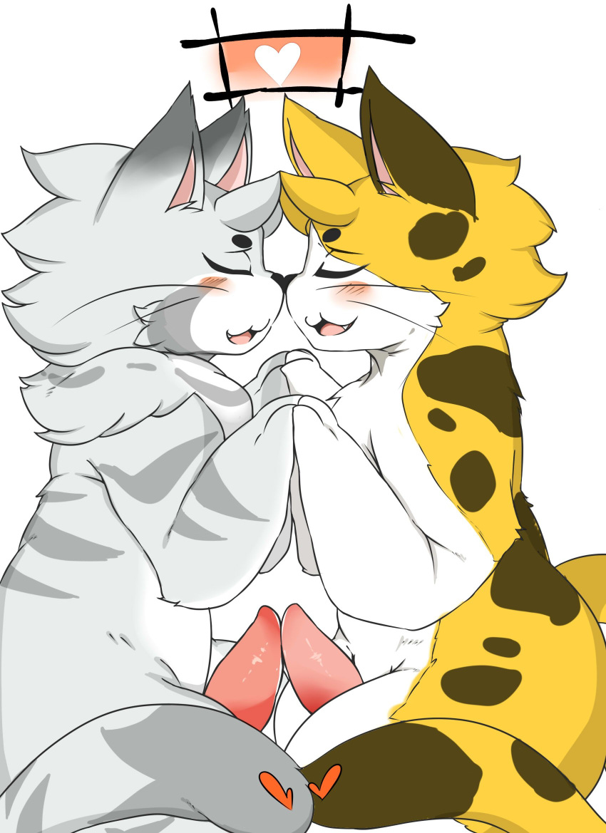 &lt;3 blush cute_fangs digital_media_(artwork) duo eskimo_kiss eyes_closed feline frottage hand_holding male male/male mammal nekonade penis semi-anthro sex side_view simple_background tapering_penis white_background