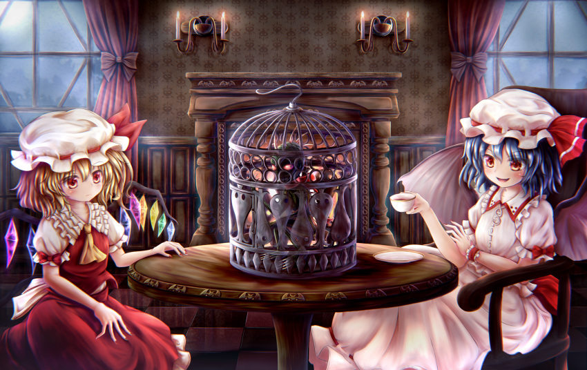 ascot bat_wings blonde_hair blue_hair blush bow cage candle chair chupacabra commentary_request crystal cup curtains eye_contact fang fireplace flandre_scarlet frilled_skirt frilled_sleeves frills hat hat_ribbon highres indoors kotatsu_(kotatu04) looking_at_another medium_hair mob_cap multiple_girls nail_polish puffy_short_sleeves puffy_sleeves red_bow red_eyes red_nails red_ribbon red_skirt remilia_scarlet ribbon saucer scrunchie shirt short_sleeves sitting skirt smile table tea teacup tile_floor tiles touhou tupai_(touhou) white_shirt white_skirt window wings wrist_scrunchie yellow_neckwear