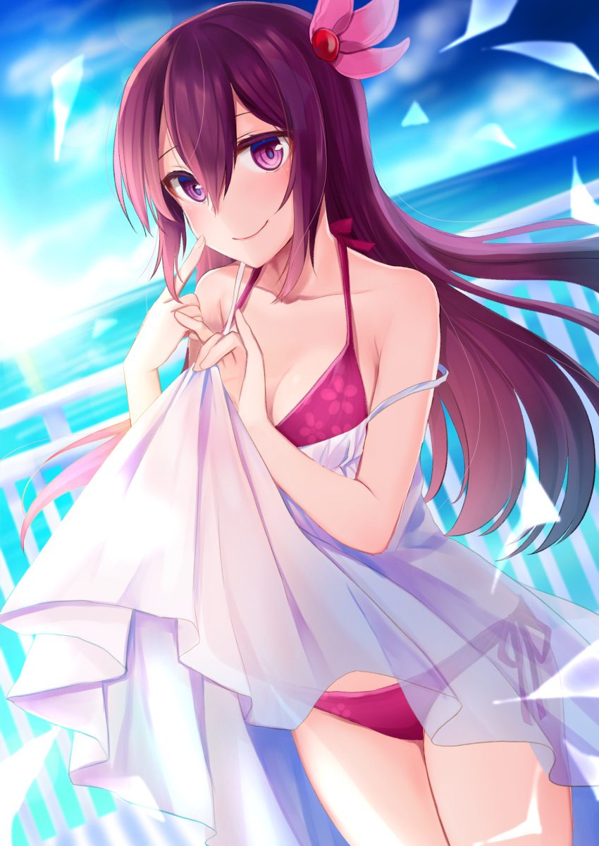 absurdres alternate_costume bangs bikini blue_sky blurry blurry_background blush breasts cleavage closed_mouth cloud collarbone commentary_request cowboy_shot crescent crescent_moon_pin day dress dress_lift hair_between_eyes hair_ornament highres kantai_collection kisaragi_(kantai_collection) lifted_by_self long_hair looking_at_viewer medium_breasts ocean outdoors pointing pointing_at_self purple_bikini purple_eyes purple_hair railing remodel_(kantai_collection) see-through side-tie_bikini sidelocks sky smile solo swimsuit thighs white_dress yunamaro