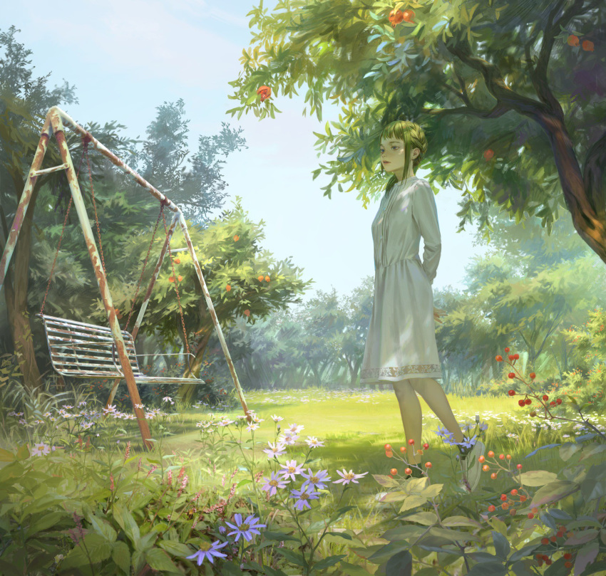 arms_behind_back bangs berries braid commentary daisy day dress flower foliage food french_braid fruit grass green_hair green_legwear gumi highres long_sleeves outdoors parted_lips patio_swing plant purple_flower rust scenery sky socks solo swing tree tree_shade tunapon01 vocaloid walking white_dress wide_shot