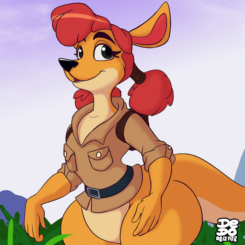 2018 anthro backpack belt black_eyes black_nose bottomless clothed clothing digital_media_(artwork) eyelashes featureless_crotch female grass green_eyes hair hi_res kangaroo lionalliance looking_at_viewer mammal marsupial pigtails pouch red_hair sheila_(spyro) signature smile solo spyro_the_dragon video_games