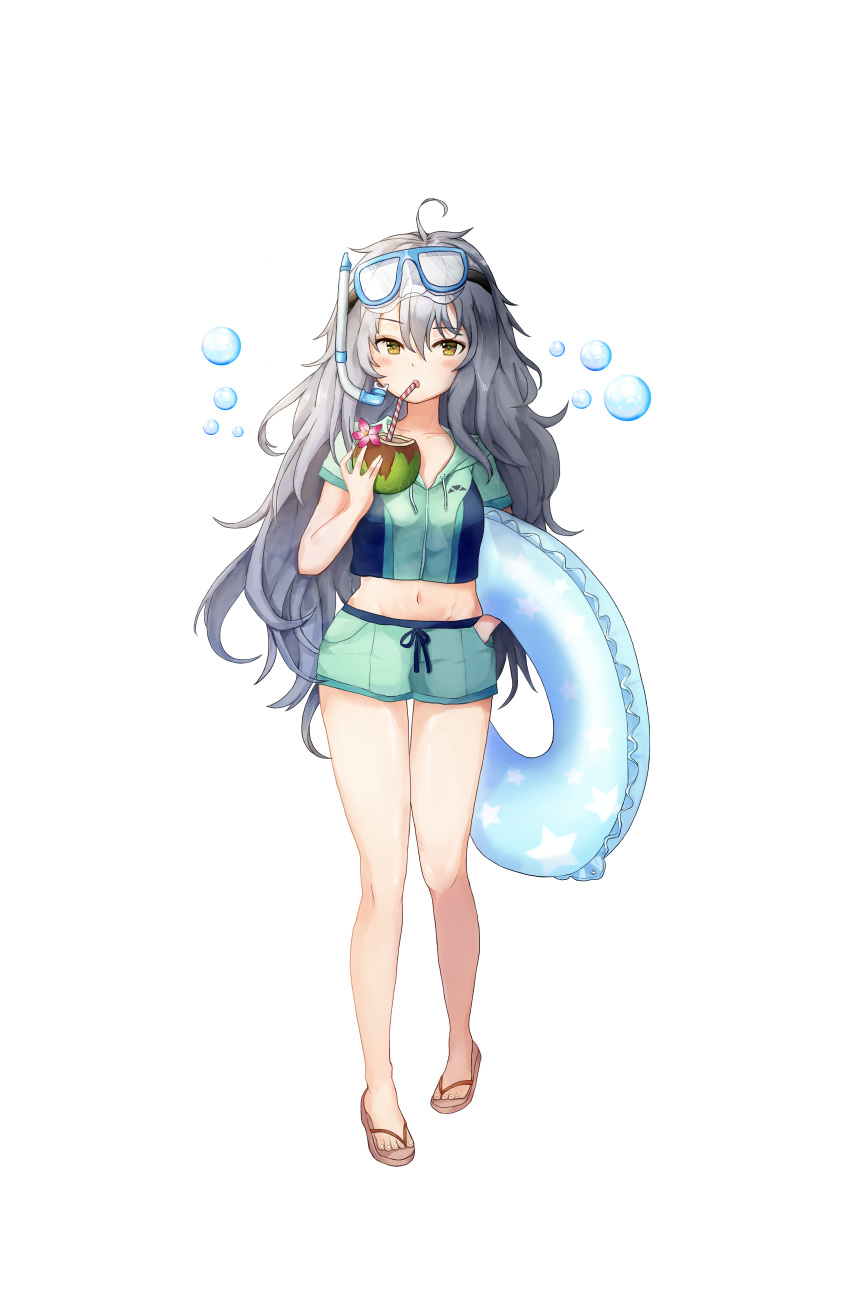 absurdres ahoge bubble coconut duino flower g11_(girls_frontline) girls_frontline goggles goggles_on_head highres long_hair looking_at_viewer messy_hair sandals short_shorts shorts snorkel