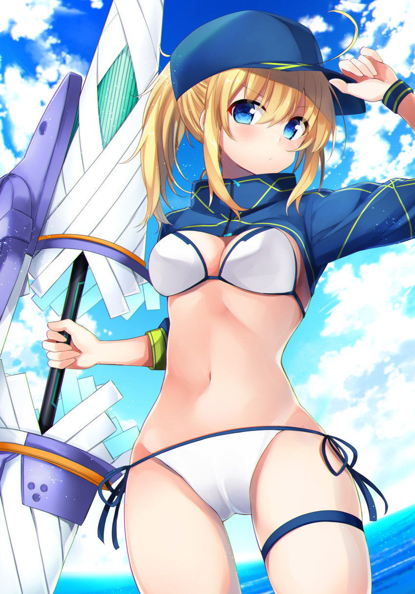 ahoge arm_up artoria_pendragon_(all) baseball_cap bikini blonde_hair blue_eyes blue_hat blue_sky blurry blurry_background blush breasts cameltoe closed_mouth cloud cloudy_sky commentary_request day depth_of_field fate/grand_order fate_(series) hair_between_eyes hair_through_headwear hand_on_headwear hat highres holding holding_lance horizon lance leg_garter long_hair long_sleeves looking_at_viewer medium_breasts mysterious_heroine_xx_(foreigner) navel ocean outdoors polearm ponytail revision sasahara_wakaba short_hair shrug_(clothing) side-tie_bikini sidelocks sky solo standing swimsuit twinmyniad water weapon white_bikini wristband