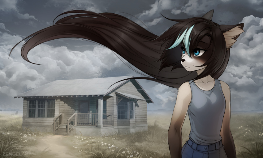 2017 anthro black_hair black_nose blue_eyes building cat clothed clothing cloud detailed_background feline female grass hair house iskra mai_karmel mammal sky solo standing windy