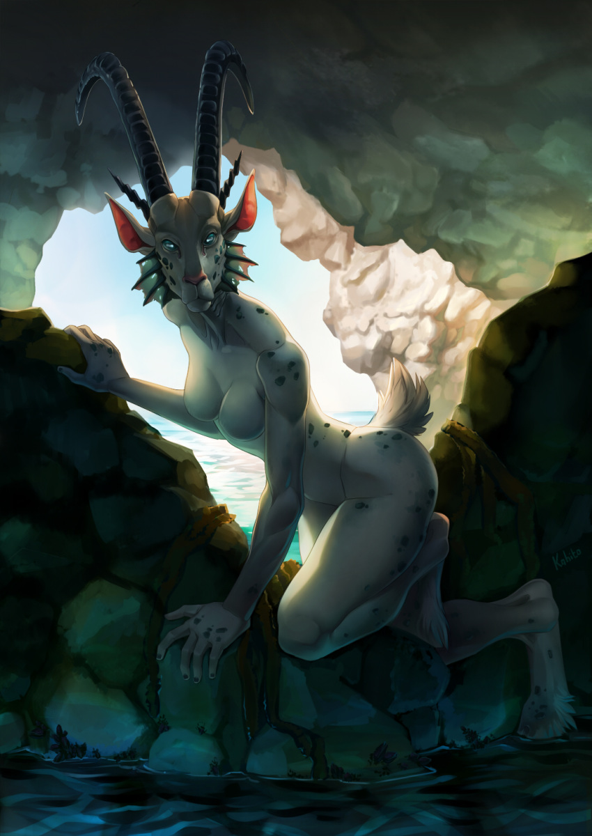 anthro blue_eyes breasts caprine cave detailed_background digitigrade featureless_breasts fetlocks fish fur horn hybrid ibex kahito_slydeft_(artist) looking_at_viewer mammal marine nude rock seaweed spots spotted_fur water white_fur