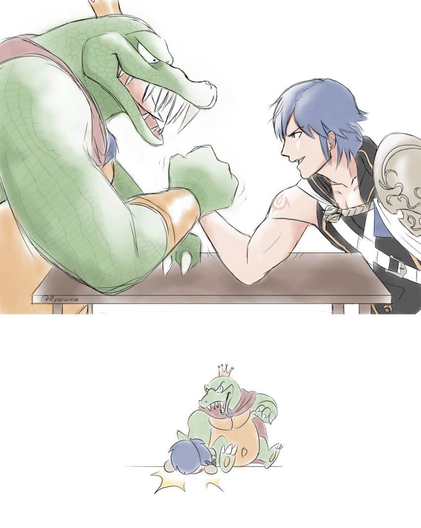 anthro arm_wrestling barefoot cape chrom claws clothed clothing crocodilian crossover crown donkey_kong_(series) fire_emblem fire_emblem_awakening hair human king king_k_rool kremling lying male mammal nintendo on_front on_ground open_mouth pecs reptile royalty ryoruma scalie sharp_claws sharp_teeth shirt simple_background sitting size_difference smile teeth toe_claws tongue video_games white_background