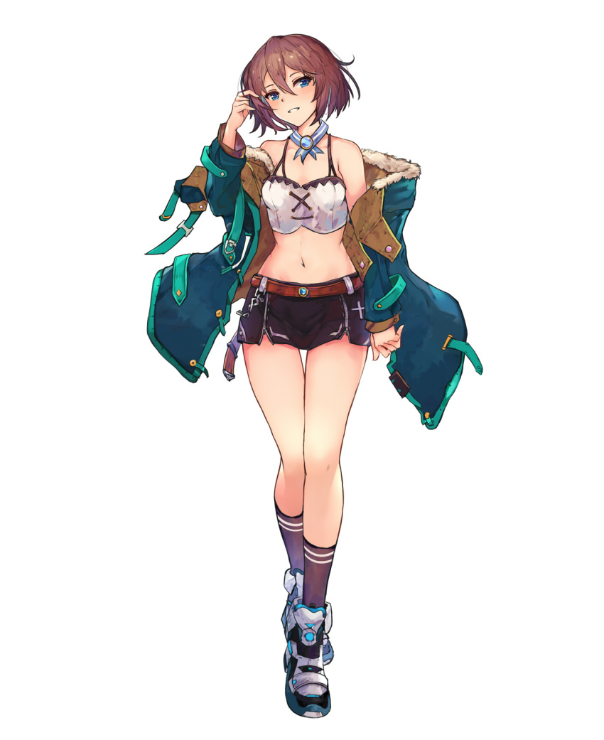 arm_up bare_legs bare_shoulders belt black_legwear blanc blue_coat blue_eyes breasts brown_hair camisole choujigen_game_neptune cleavage coat full_body gem hair_between_eyes hand_in_hair head_tilt highres keychain kneehighs long_sleeves looking_at_viewer navel neptune_(series) off_shoulder open_clothes open_coat parted_lips red_shorts shoes short_hair short_shorts shorts simple_background small_breasts smile sneakers solo standing thigh_gap white_background white_crow white_footwear