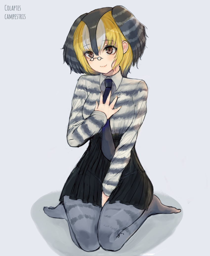 bird_wings blonde_hair campo_flicker_(kemono_friends) collared_shirt commentary_request dnsdltkfkd eyebrows_visible_through_hair glasses grey_hair hand_on_own_chest head_wings highres kemono_friends korean_commentary long_sleeves multicolored_hair necktie no_scarf no_shoes pantyhose pince-nez pleated_skirt shirt short_hair sitting skirt solo wariza wings