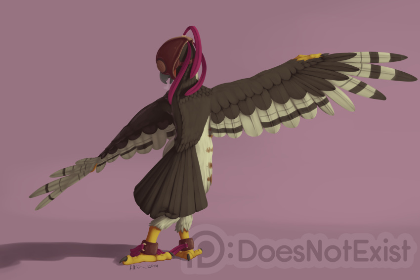 2018 ambiguous_gender anisodactyl ankle_cuffs anthro avian bdsm bird blindfold bondage bound breath brown_feathers dancing digital_media_(artwork) exotic_dancer falconry_hood feathered_wings feathers hawk hi_res hood lief_woodcock nude pink_background rear_view ribbons shackles signature simple_background slave solo sparrowhawk standing tan_feathers theandymac watermark wings yellow_skin