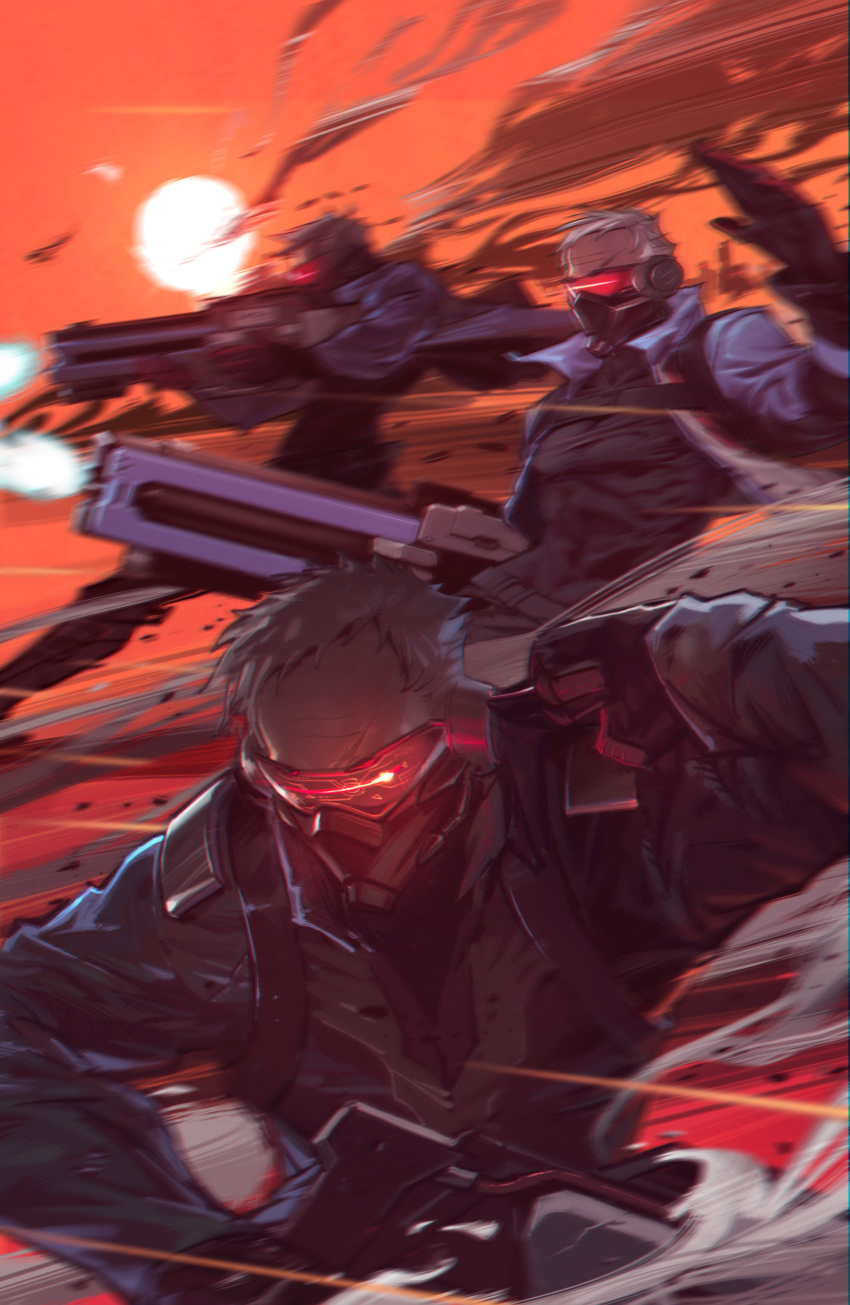 absurdres action black_gloves blue_jacket clone covered_mouth face_mask firing gloves gun highres jacket kanchou_dairi male_focus mask multiple_boys open_clothes open_jacket overwatch red_sky rifle sky smoke soldier:_76_(overwatch) sun visor weapon white_hair