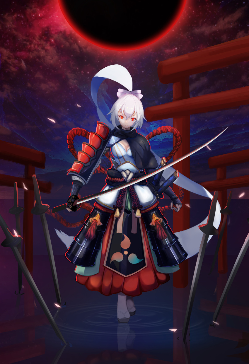 absurdly_long_hair absurdres armor breasts cleavage commentary_request eclipse fate/grand_order fate_(series) hakama highres japanese_armor japanese_clothes kote kuroha_(rockluo213) kusazuri long_hair looking_at_viewer lunar_eclipse medium_breasts moon red_eyes red_moon rope shimenawa shoulder_armor silver_hair sode solo standing standing_on_liquid tomoe_gozen torii very_long_hair