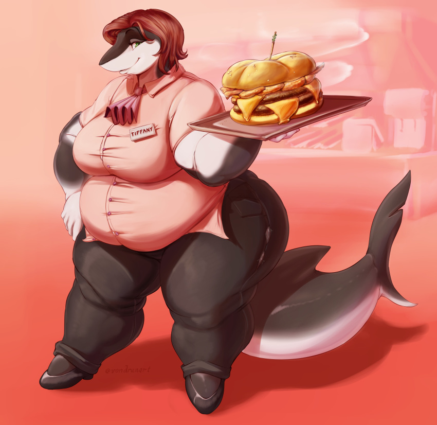 anthro burger clothed clothing english_text fish food hair hi_res holding_object looking_at_viewer marine msvondran obese obese_female overweight shark simple_background smile solo standing text