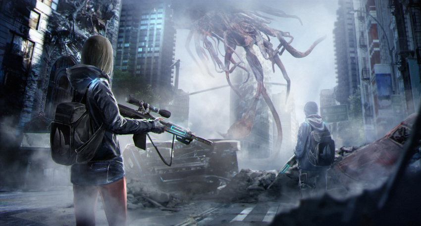 1other alien assault_rifle backpack bag broken brown_hair city cityscape commentary facing_away fingerless_gloves from_behind gloves gun highres jacket knit_hat momokurianzu original pants rifle road_sign rubble ruins scope sign tentacles vehicle weapon