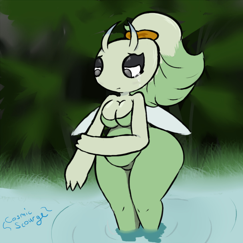 2018 anthro bathing big_butt breasts butt celebi clothed clothing cosmicscourge crying female forest grey_eyes legendary_pok&eacute;mon nintendo not_furry pok&eacute;mon pok&eacute;mon_(species) short_stack small_breasts solo tears thick_thighs tree video_games voluptuous water wide_hips