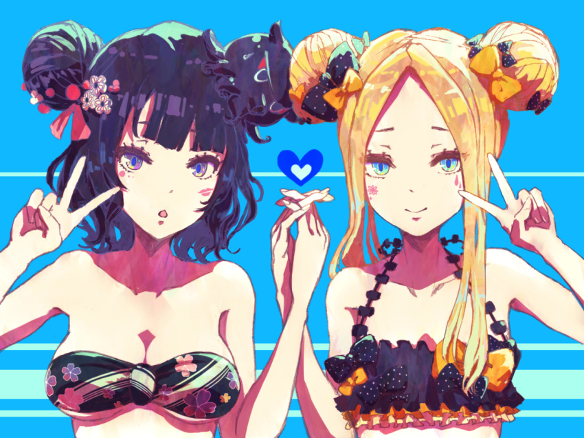 abigail_williams_(fate/grand_order) animal bandeau bangs bare_arms bare_shoulders bikini black_bikini black_bow blonde_hair blue_background blue_eyes bow breasts chestnut_mouth cleavage closed_mouth collarbone commentary_request double_bun emerald_float facial_mark fate/grand_order fate_(series) fingernails forehead hair_bow hair_bun hands_up heart interlocked_fingers katsushika_hokusai_(fate/grand_order) long_hair medium_breasts minyom multiple_girls octopus orange_bow painting_summer parted_bangs parted_lips polka_dot polka_dot_bow purple_eyes purple_hair side_bun sidelocks small_breasts smile sweatdrop swimsuit tokitarou_(fate/grand_order) v