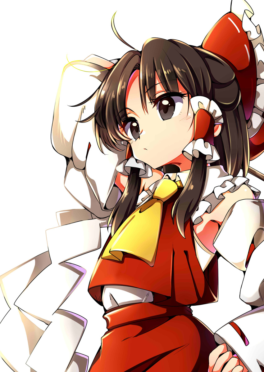 absurdres ascot baba_(baba_seimaijo) black_eyes black_hair bow commentary detached_sleeves gohei hair_bow hair_tubes hakurei_reimu half_updo highres medium_hair nontraditional_miko red_bow ribbon-trimmed_sleeves ribbon_trim sidelocks solo touhou upper_body white_background wide_sleeves yellow_neckwear