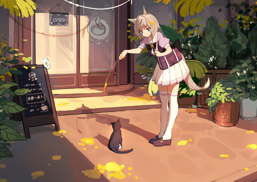 animal_ears blue_eyes brown_hair cat cat_teaser chinese_commentary commentary_request door full_body highres horse_ears horse_tail leaning_forward outdoors partial_commentary plant potted_plant purple_shirt school_uniform seiun_sky serafuku sh_(562835932) shirt shoes short_hair sign skirt smile tail thighhighs umamusume white_legwear white_skirt