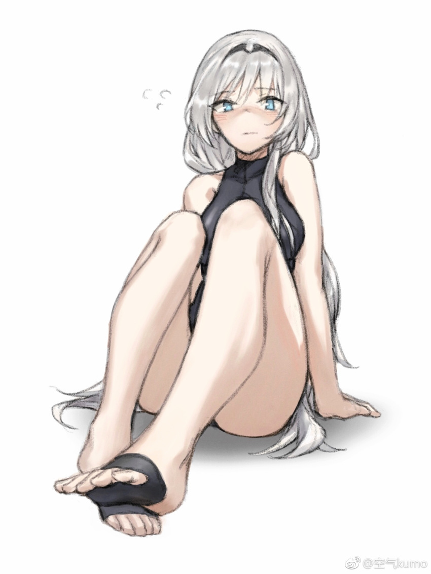 an-94_(girls_frontline) arm_at_side artist_request bare_legs barefoot barefoot_sandals black_swimsuit blue_eyes blush breasts flying_sweatdrops full_body girls_frontline hair_over_shoulder hairband highres long_hair looking_at_viewer medium_breasts one-piece_swimsuit silver_hair sitting sketch solo swimsuit toes very_long_hair weibo_username