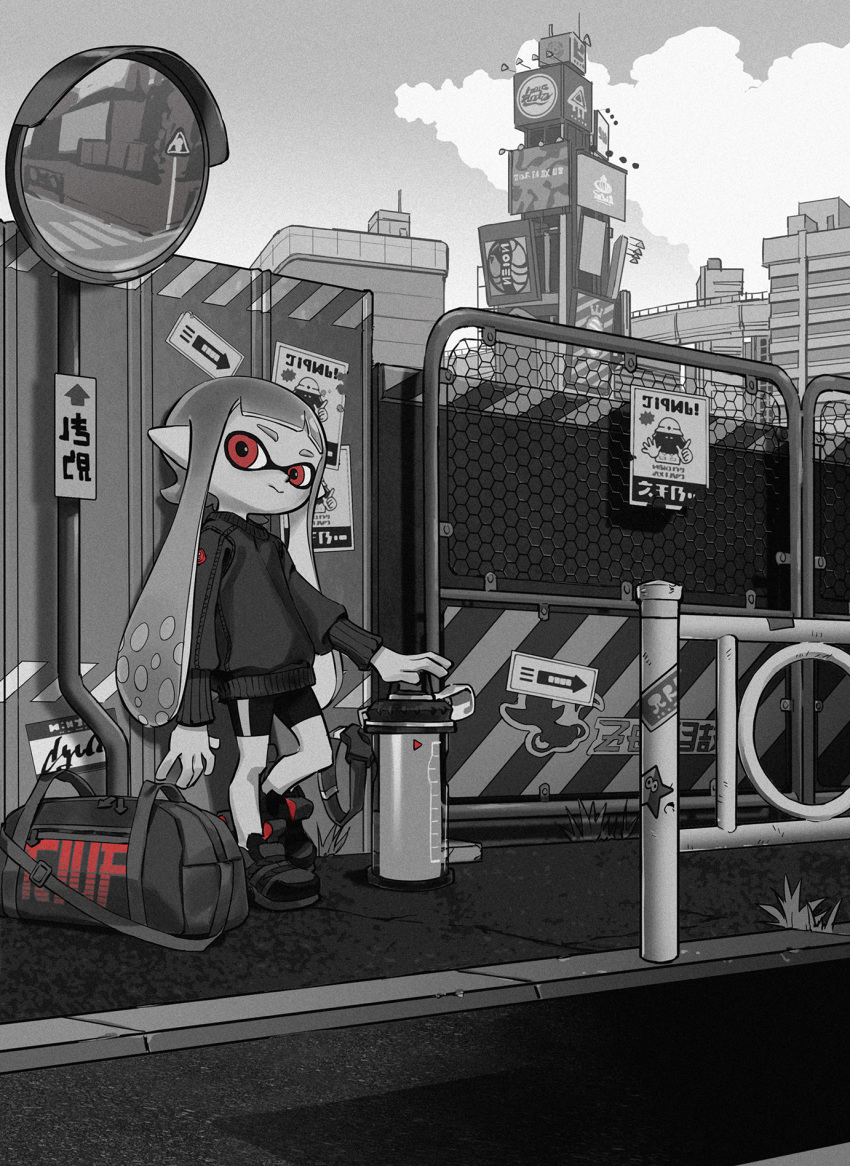 :&gt; against_wall bag bangs bike_shorts blunt_bangs city closed_mouth cloud cloudy_sky commentary day domino_mask duffel_bag highres inkling long_arms long_hair long_sleeves looking_at_viewer mask mirror monochrome outdoors pointy_ears red_eyes reflection road shoes sidewalk single_vertical_stripe sky sneakers solo splatoon_(series) splatoon_2 spot_color standing standing_on_one_leg street sweater tarou2 tentacle_hair thick_eyebrows traffic_mirror very_long_hair