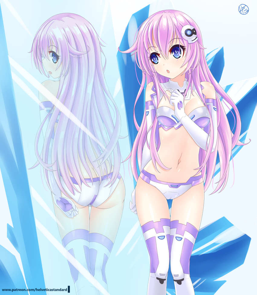 :o artist_name ass bare_shoulders blue_eyes blush breasts butt_crack cameltoe cleavage cleavage_cutout commentary crystal elbow_gloves gloves hair_between_eyes hair_ornament helvetica_5tandard highres long_hair looking_at_mirror looking_back medium_breasts mirror navel neptune_(series) pink_hair power_symbol purple_sister reflection revealing_clothes signature skin_tight solo symbol-shaped_pupils thigh_gap thighhighs very_long_hair