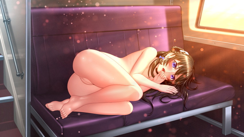 ass barefoot blush bow braid brown_hair dress eyebrows_visible_through_hair hair_bow highres long_hair looking_at_viewer lucknight lying nude on_side open_mouth original purple_eyes pussy solo train_interior uncensored