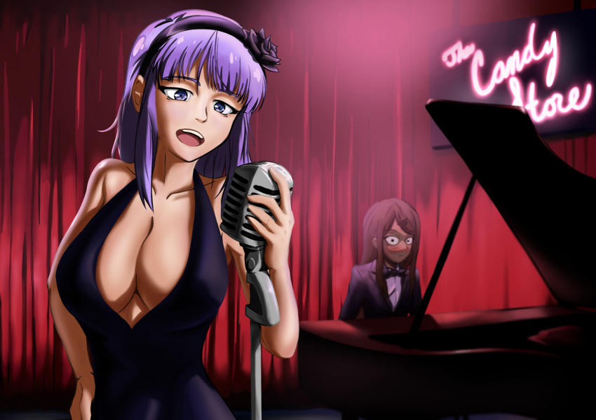 blush bow bowtie breasts cleavage dagashi_kashi dress emo-tan endou_saya flower formal hair_ornament hairband hairclip hand_on_hip instrument large_breasts long_hair looking_at_viewer microphone multiple_girls open_mouth piano purple_hair shidare_hotaru short_hair stage_curtains suit