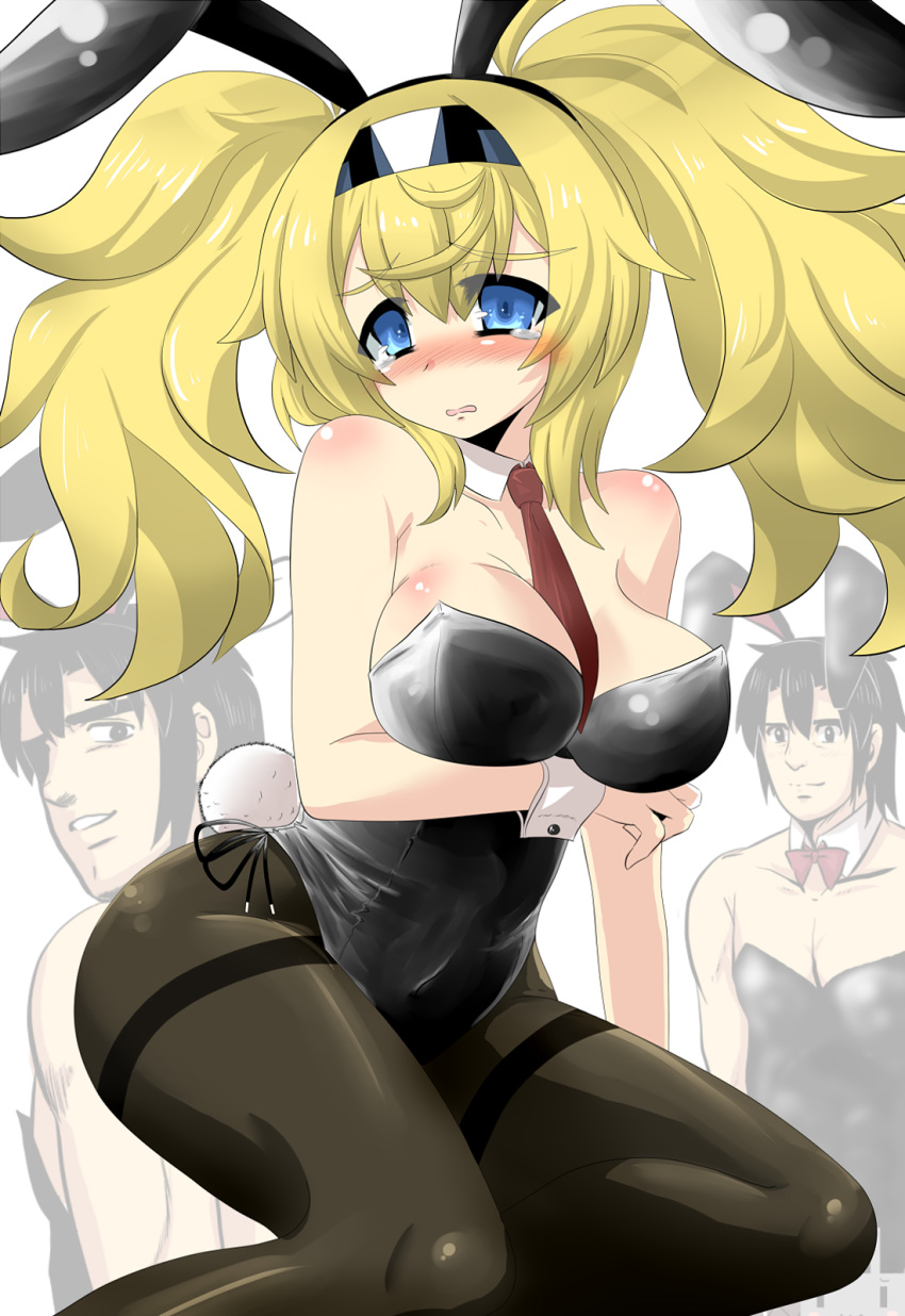 1girl admiral_(kantai_collection) animal_ears arm_under_breasts between_breasts black_hair black_legwear blonde_hair blue_eyes blush bow bowtie breast_hold breasts bunny_ears bunny_tail bunnysuit cleavage commentary_request detached_collar fake_animal_ears gambier_bay_(kantai_collection) goma_(gomasamune) hair_between_eyes hairband highres kantai_collection kuso_miso_technique large_breasts long_hair looking_at_viewer necktie necktie_between_breasts open_mouth pantyhose parody shiny shiny_skin smile style_parody tail tearing_up tears twintails wrist_cuffs