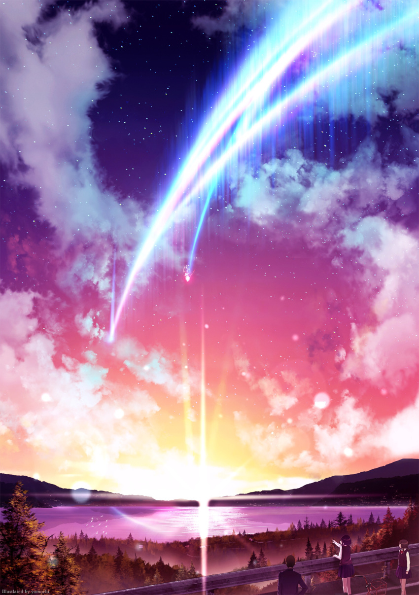 2girls braid brown_hair cloud diffraction_spikes highres kimi_no_na_wa looking_away multiple_girls outdoors pointing scenery short_braid short_hair sky star_(sky) starry_sky sunset tree twin_braids yomochi_(y0m0chi)