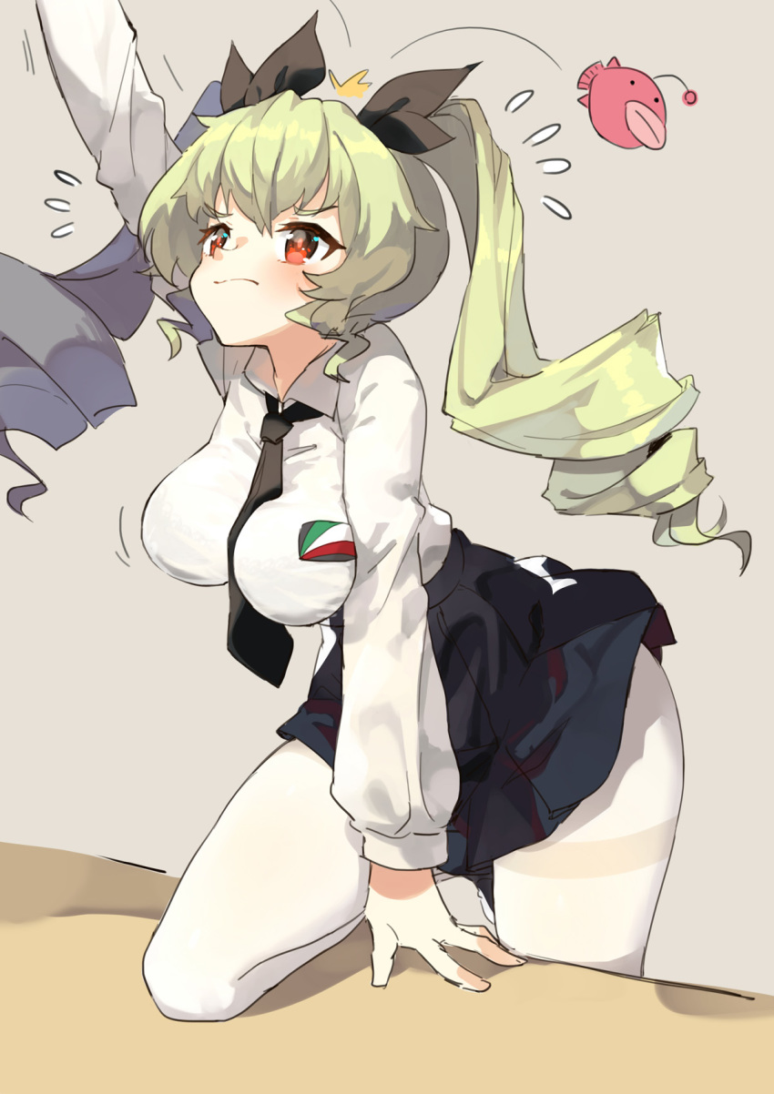 anchovy anglerfish arm_up between_breasts black_neckwear black_skirt breasts chinese_commentary commentary_request curly_hair flying_sweatdrops girls_und_panzer green_hair highres large_breasts leaning_forward leg_up long_hair necktie pantyhose partial_commentary reaching red_eyes ribbon school_uniform sh_(562835932) shirt skirt solo thighband_pantyhose twintails white_legwear white_shirt