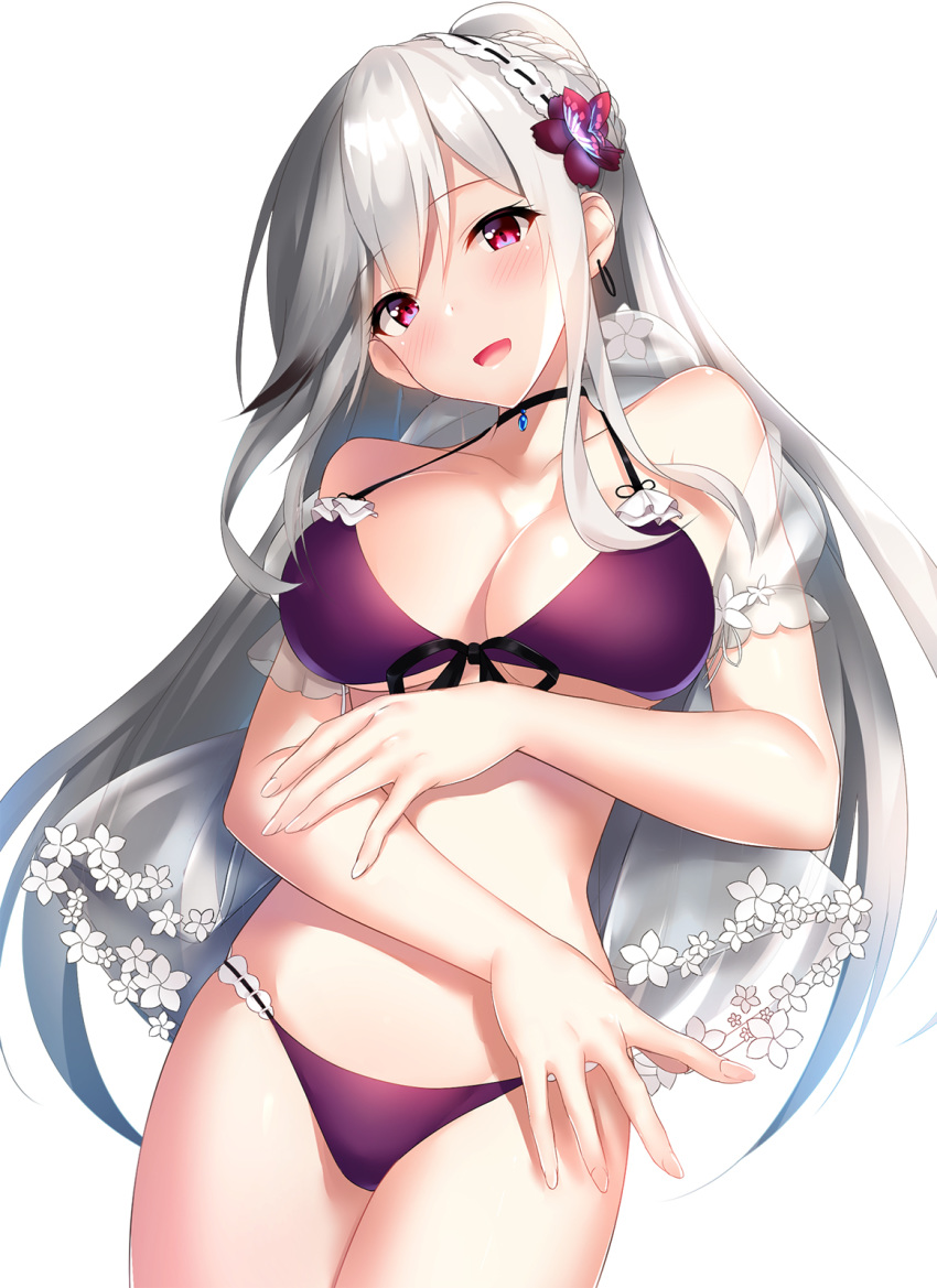 :d azur_lane bangs bare_shoulders bikini black_choker blush breasts choker cleavage cocona collarbone cowboy_shot dunkerque_(azur_lane) earrings eyebrows_visible_through_hair flower grey_hair groin hair_flower hair_ornament hairband halterneck head_tilt headdress highres hoop_earrings jewelry large_breasts long_hair looking_at_viewer navel open_mouth pink_eyes ponytail purple_bikini sapphire_(stone) see-through sidelocks simple_background single_earring skindentation smile solo stomach swimsuit thighs white_background