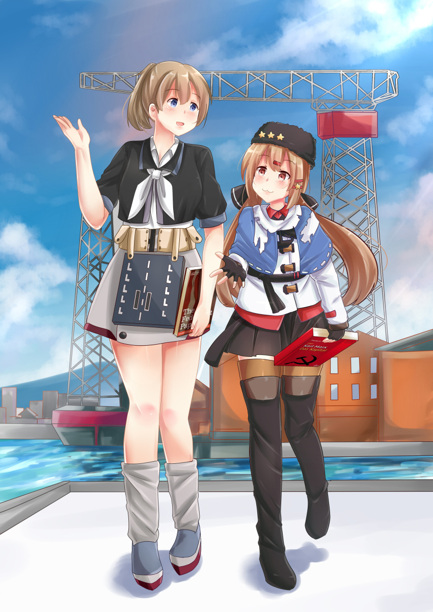 :3 absurdres anchor_necklace apron black_bow black_footwear black_hat black_shirt black_skirt blue_eyes blue_shawl book boots bow brown_hair brown_legwear building commentary crane english_commentary farmuhan full_body hair_bow hair_ornament hairclip hammer_and_sickle hat height_difference highres intrepid_(kantai_collection) jacket kantai_collection long_hair loose_socks low_twintails miniskirt multiple_girls no_legwear open_mouth papakha ponytail red_eyes red_shirt ribbon_trim scarf shawl shirt short_hair skirt standing tashkent_(kantai_collection) thigh_boots thighhighs torn_scarf twintails white_jacket white_scarf white_skirt