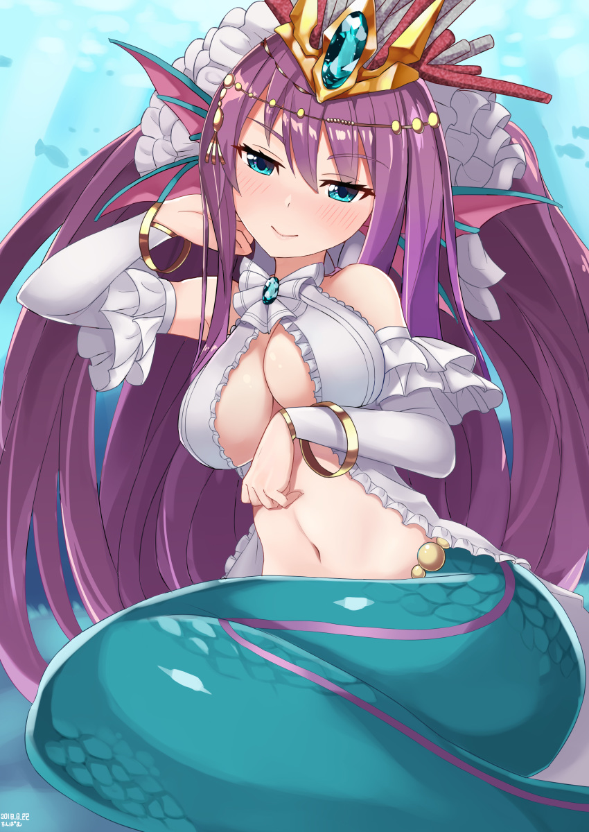 breast_hold mermaid monster_girl open_shirt pointy_ears puzzle_&amp;_dragons tail tinpam